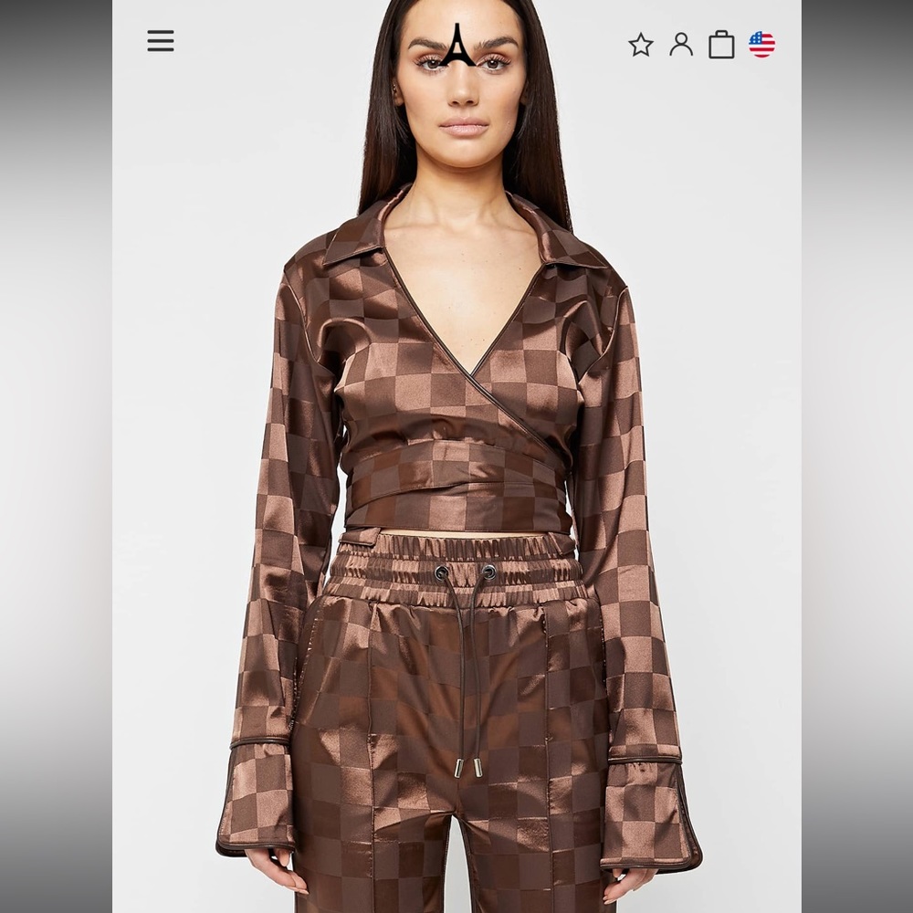 Maniere De Voir satin checkered wrap top